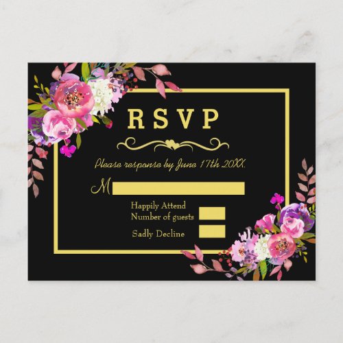 Modern Floral Black Gold Wedding RSVP Postcard