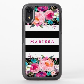 Modern Floral Black N' White Stripe Iphone Xr Case by girlygirlgraphics at Zazzle
