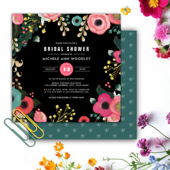 Modern Floral Black | Pink | Teal Bridal Shower Invitation by YourWeddingDay at Zazzle
