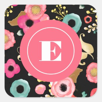 Modern Floral Black | Pink | Teal Monogram Square Sticker by YourWeddingDay at Zazzle