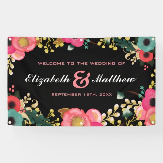 Modern Floral Black Pink Teal Wedding Banner Zazzle Com
