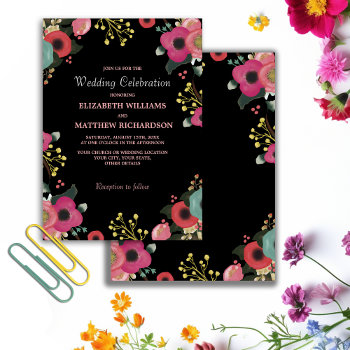 Modern Floral Black | Pink | Teal Wedding Invitation by YourWeddingDay at Zazzle