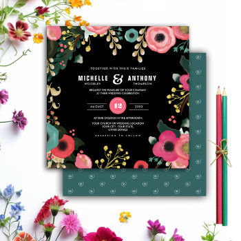 Modern Floral Black | Pink | Teal Wedding Invitation by YourWeddingDay at Zazzle