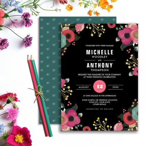Modern Floral Black  Pink  Teal Wedding Invitation
