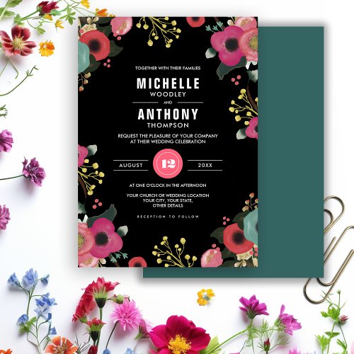 Modern Floral Black  Pink  Teal Wedding Invitation