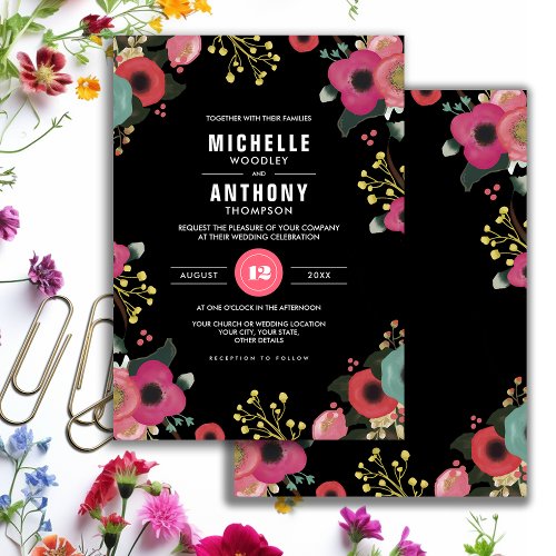 Modern Floral Black  Pink  Teal Wedding Invitation