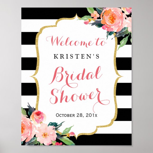 Modern Floral Black Stripes Bridal Shower Sign (Front)