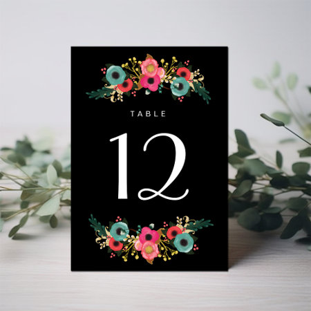 Modern Floral Black Teal Pink Table Number Cards