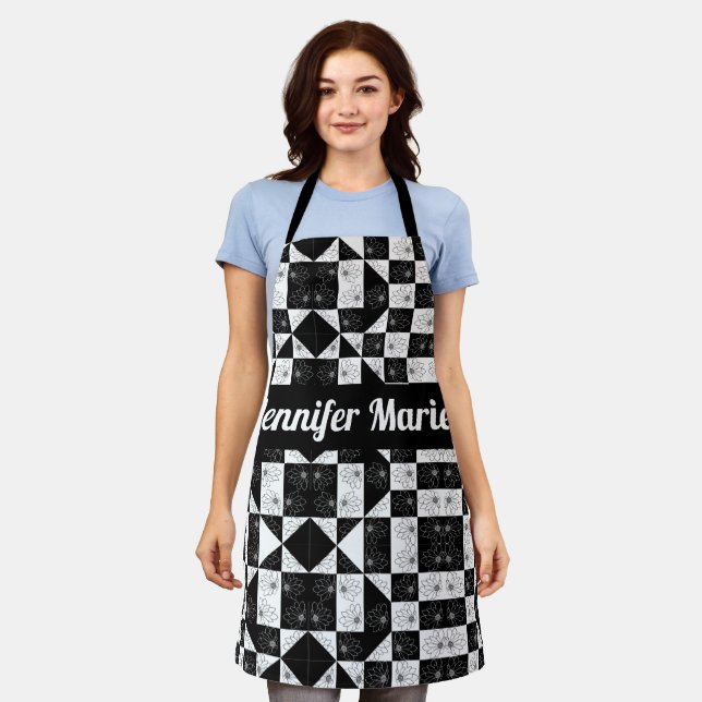 Modern Floral Black & White Checkered Custom Name Apron (Worn)