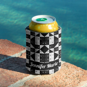 Modern Floral Black & White Checkered Custom Name Can Cooler
