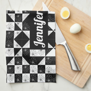 Modern Floral Black & White Checkered Custom Name Kitchen Towel