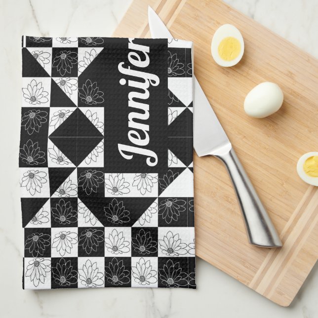 Modern Floral Black & White Checkered Custom Name Kitchen Towel (Quarter Fold)