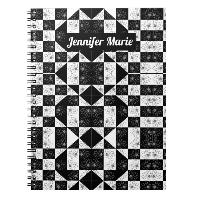 Modern Floral Black & White Checkered Custom Name Notebook (Front)