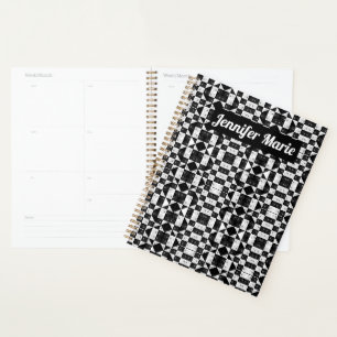 Modern Floral Black & White Checkered Custom Name Planner