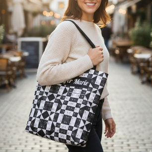 Modern Floral Black & White Checkered Custom Name Tote Bag