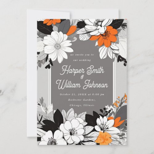 Modern floral black white orange wedding invitation