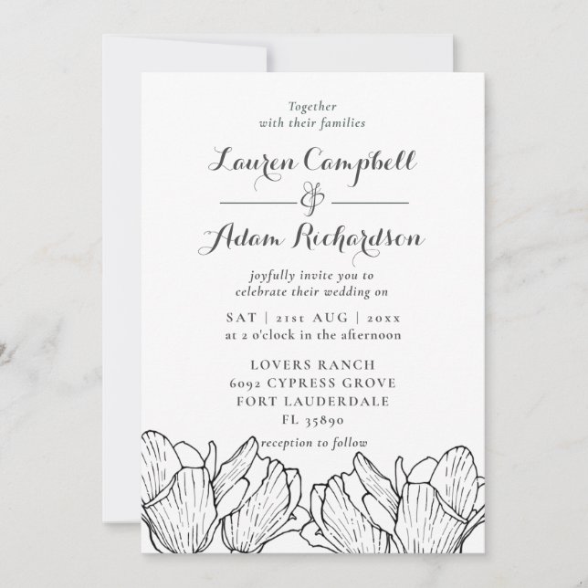 Modern Floral Black & White  Wedding Invitation (Front)