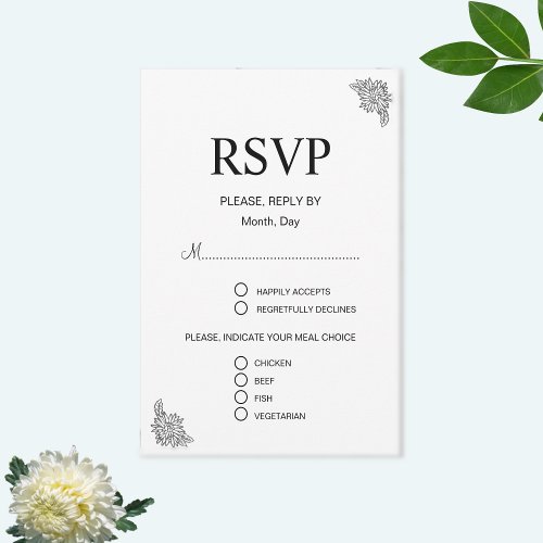 Modern Floral Black  White Wedding RSVP Card