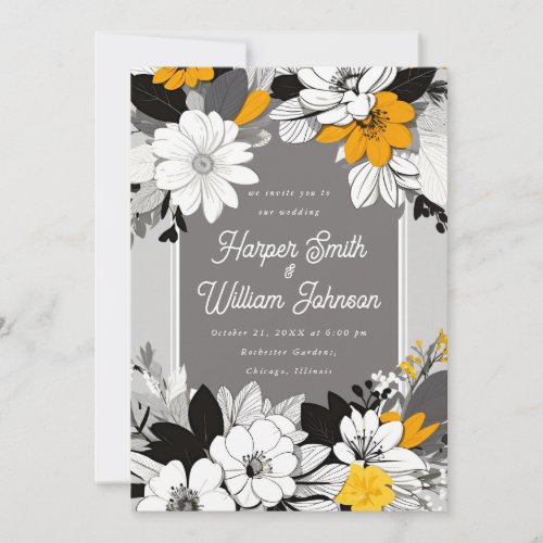 Modern floral black white yellow wedding invitation