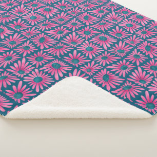 Modern floral block print pink daisy sherpa blanket