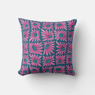 Modern floral block print pink daisy throw pillow