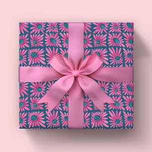 Modern floral block print pink daisy wrapping paper