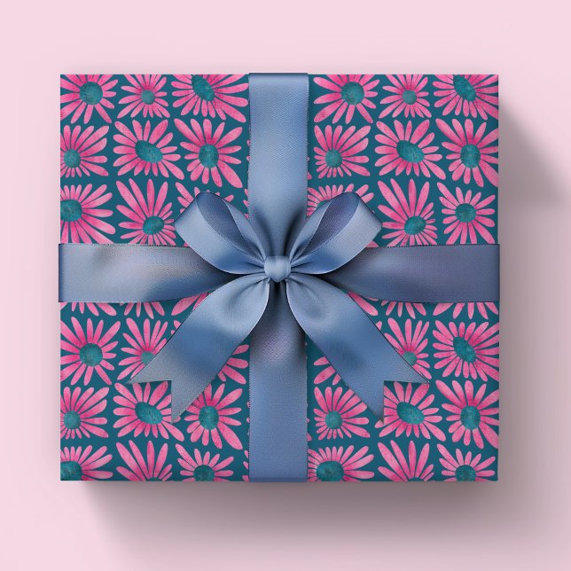 Modern floral block print pink daisy wrapping paper sheets (Pink and blue block print retro kitsch floral wrapping paper sheets. )