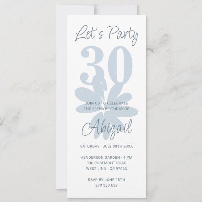 Modern Floral Blue 30th Birthday Invitation (Front)
