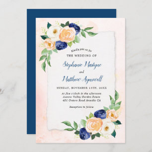 Modern Floral Blue Coral Watercolor Wedding Invitation