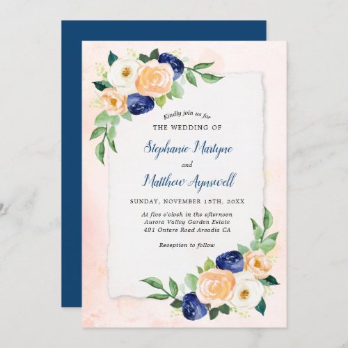 Modern Floral Blue Coral Watercolor Wedding Invitation