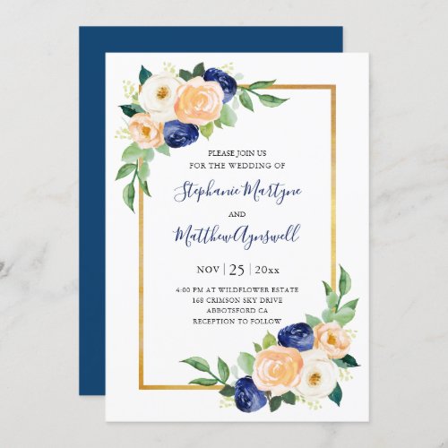 Modern Floral Blue Coral Wedding Invitation