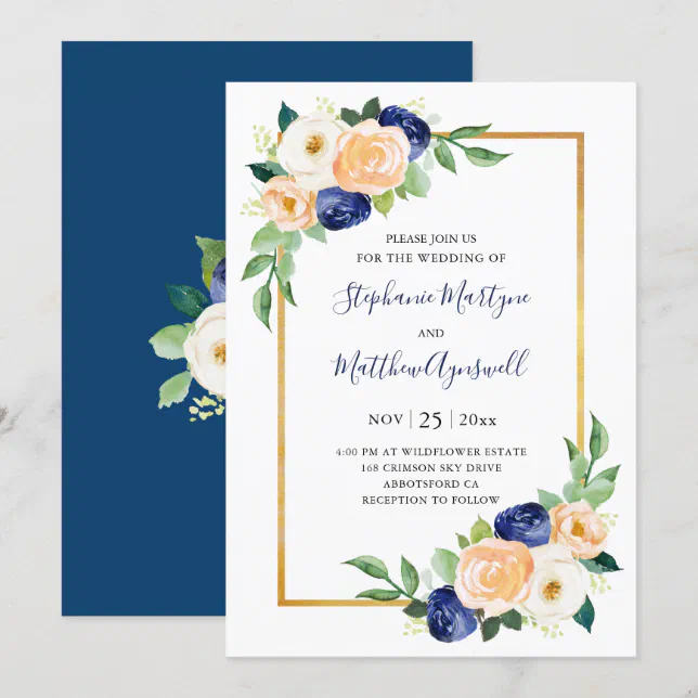 Modern Floral Blue Coral Wedding Invitation Zazzle