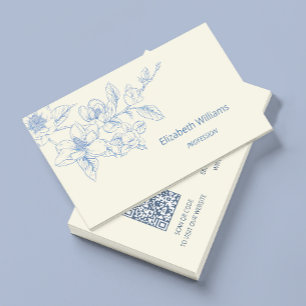 Modern Floral Blue Cream Magnolia   QR Code Business Card