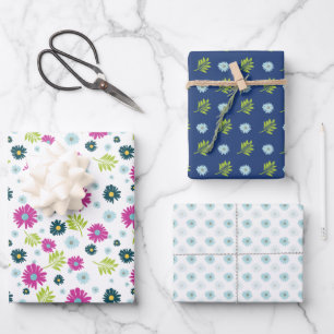 Modern Floral Blue Daisy & Pink Botanical  Wrapping Paper Sheets