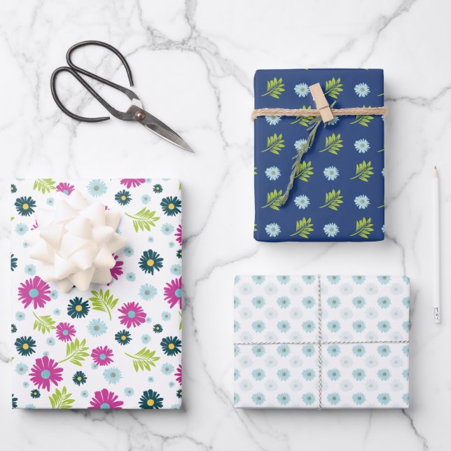 Modern Floral Blue Daisy & Pink Botanical  Wrapping Paper Sheets (Front)