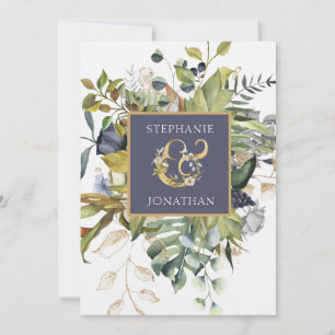 Modern Floral Blue & Green w Ampersand Wedding Invitation