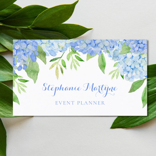 Modern Floral Blue Hydrangea Foliage Watercolor Business Card