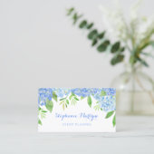 Modern Floral Blue Hydrangea Foliage Watercolor Business Card (Standing Front)