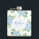 Modern Floral Blue Hydrangea Watercolor Monogram Flask<br><div class="desc">This flask features a modern floral watercolor design with blue hydrangea flowers and greenery. Personalize it with a name and initial.</div>