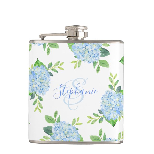 Modern Floral Blue Hydrangea Watercolor Monogram Flask (Front)