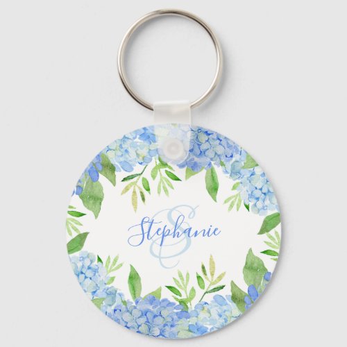 Modern Floral Blue Hydrangea Watercolor Monogram Keychain