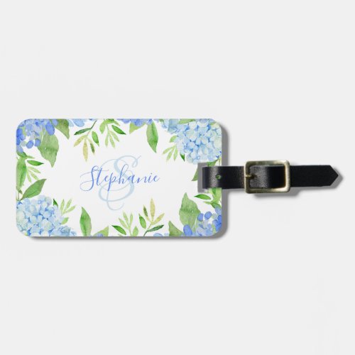 Modern Floral Blue Hydrangea Watercolor Monogram Luggage Tag