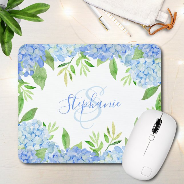 Modern Floral Blue Hydrangea Watercolor Monogram Mouse Pad (Creator Uploaded)