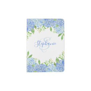 Modern Floral Blue Hydrangea Watercolor Monogram Passport Holder