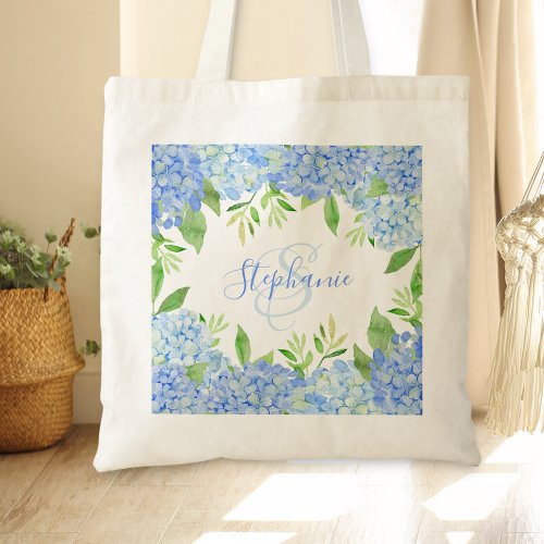 Modern Floral Blue Hydrangea Watercolor Monogram Tote Bag