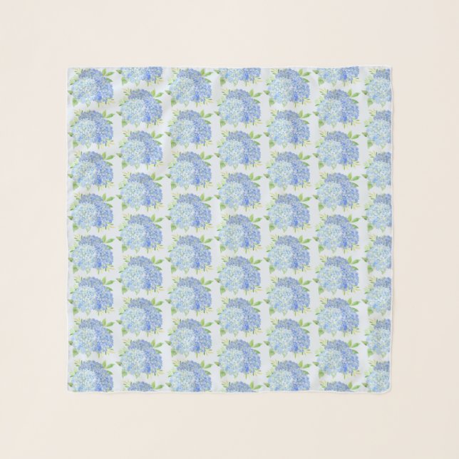 Modern Floral Blue Hydrangea Watercolor Pattern Scarf (Front)