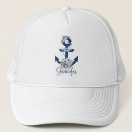 modern floral blue nautical stripes name chic trucker hat