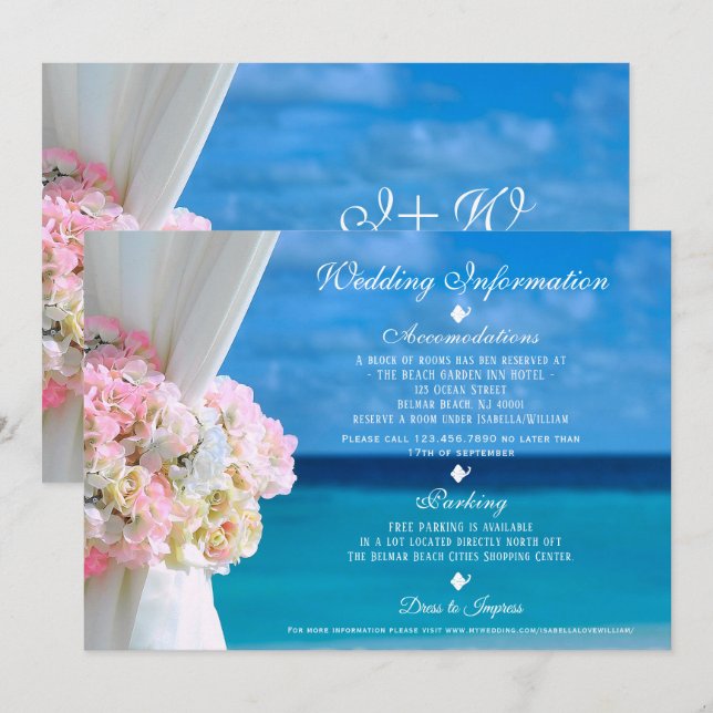 Modern Floral Blue Ocean Beach Wedding Information Invitation (Front/Back)