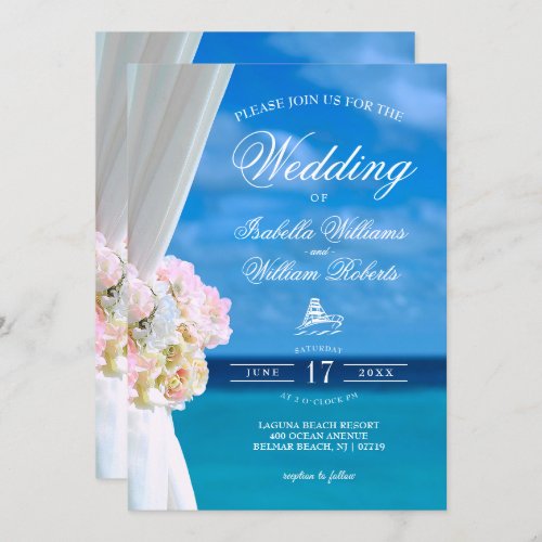 Modern Floral Blue Ocean Beach Wedding Invitation