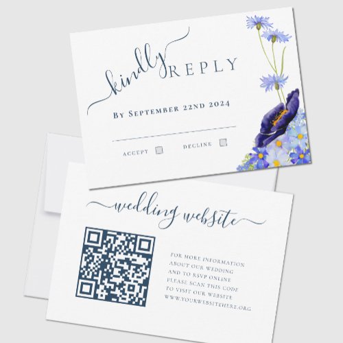 Modern Floral Blue QR Code Wedding Reply RSVP Card